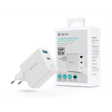 DEVIA GAN HÁLÓZATI TÖLTŐ ADAPTER USB + TYPE-C BEMENETTEL, 65W, FEHÉR