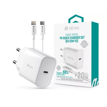 DEVIA ST383847 HÁLÓZATI TÖLTŐ ADAPTER TYPE-C BEMENETTEL + TYPE-C - LIGHTNING KÁBEL - 20W - FEHÉR