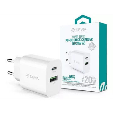DEVIA ST38524 HÁLÓZATI TÖLTŐ ADAPTER TYPE-C + USB BEMENETTEL - 20W - SMART SERIES PD3.0 + QC3.0 QUICK CHARGER V2 - FEHÉR
