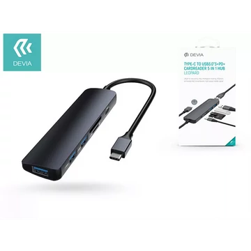 DEVIA USB TYPE-C - 3XUSB 3.0 + PD + KÁRTYAOLVASÓ ELOSZTÓ/ADAPTER - DEVIA LEOPARD5 IN 1 HUB - FEKETE