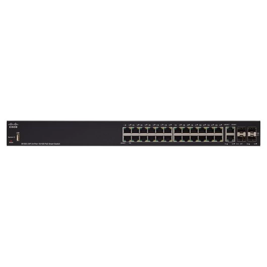 CISCO Switch 24x100Mbps (POE+) + 2x1000Mbps SFP Kombó + 2x1000Mbps SFP, Fémházas, Rackes, Menedzselhető-SF250-24P-K9-EU