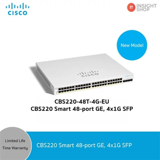 CISCO Switch 48x1000Mbps + 4x1000Mbps SFP, Menedzselhető, Fémházas, Rackes - CBS220-48T-4G-EU