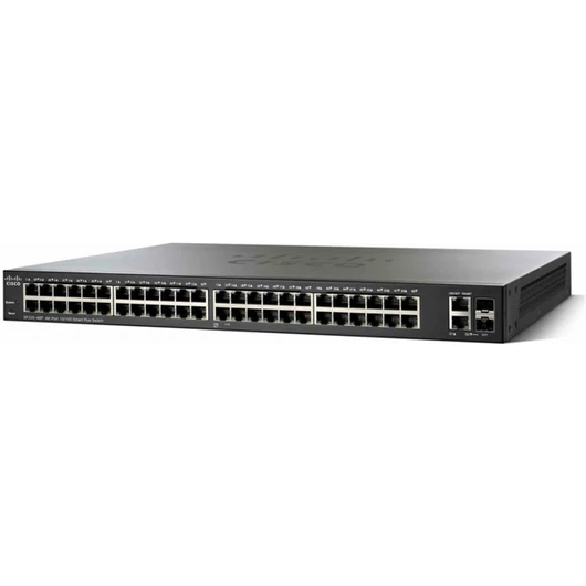 CISCO Switch 48x100Mbps + 2x1000Mbps SFP Kombó + 2x1000Mbps SFP, Fémházas, Rackes, Menedzselhető - SF350-48-K9-EU