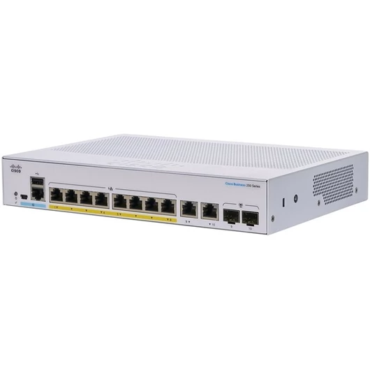 CISCO Switch 8x1000Mbps (POE+) + 2x1000Mbps SFP, Menedzselhető, Fémházas, Rackes - CBS250-8P-E-2G-EU