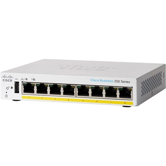 CISCO Switch 8x1000Mbps (POE+), Fémházas, Asztali, Menedzselhető - CBS250-8PP-D-EU