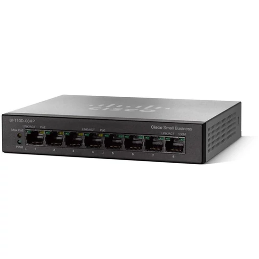 CISCO Switch 8x100Mbps (4xPOE), Asztali, Műanyag házas - SF110D-08HP-EU