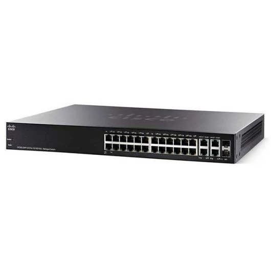 CISCO Switch 24x100Mbps (24xPOE+) + 2xGigabit kombó SFP + 2x1000Mbps SFP, Fémházas Rackes, Menedzselhető, SF350-24MP-K9-
