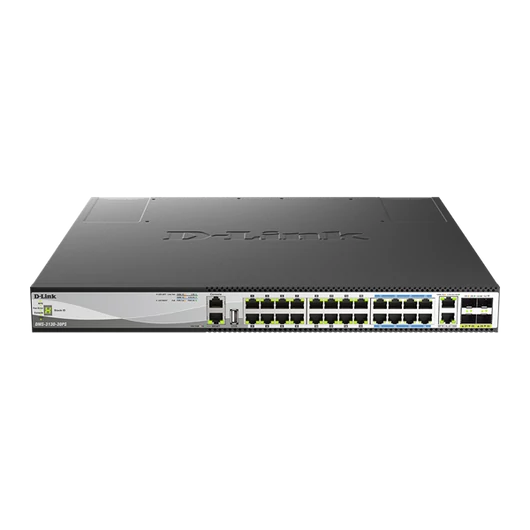 D-LINK Switch 16x2.5Gbps(POE+) + 8x5GBASE-T (POE++) + 2x10GBASE-T +4x 25G SFP28, Fémházas Asztali, DMS-3130-30PS/E