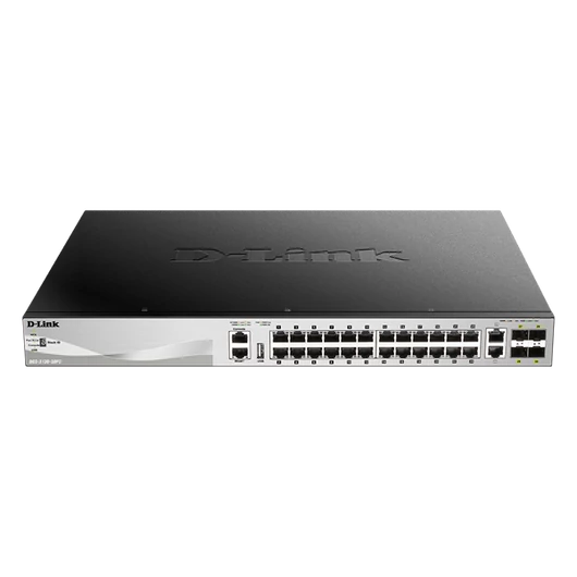 D-LINK Switch 24x1000Mbps(24xPOE) + 2xGigabit + 4xGigabit SFP+ Fémházas, Menedzselhető (370W POE), DGS-3130-30PS/E