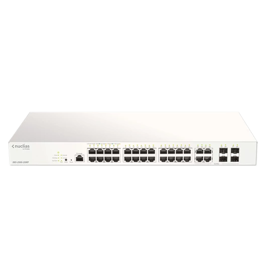 D-LINK Switch 24x1000Mbps(24xPOE) + 4xGigabit kombó Fémházas, Menedzselhető (193W POE) + 1 év Nuclias, DBS-2000-28MP/E