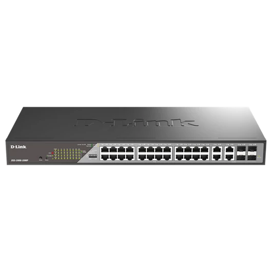 D-LINK Switch 24x1000Mbps(POE) +4xSFP Uplink Fémházas, Surveillance Menedzselhető Rackes 370 Watt POE, DSS-200G-28MP/E
