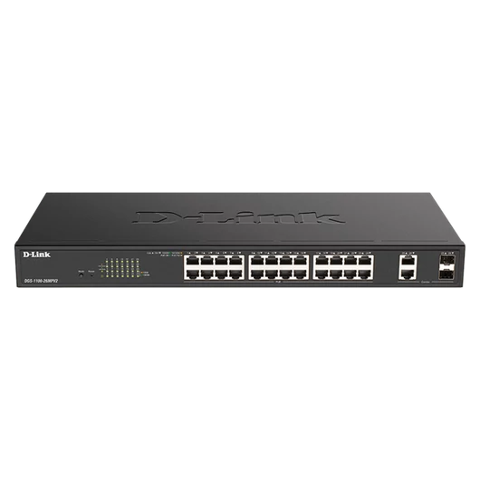 D-LINK Switch 24x1000Mbps (24xPOE) + 2xGigabit kombó SFP Fémházas Menedzselhető Rackes, DGS-1100-26MPV2/E
