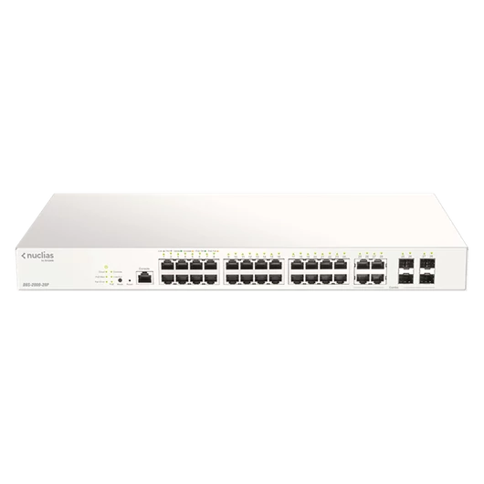D-LINK Switch 24x1000Mbps(24xPOE) + 4xGigabit kombó Fémházas, Menedzselhető + 1 év Nuclias, DBS-2000-28P/E