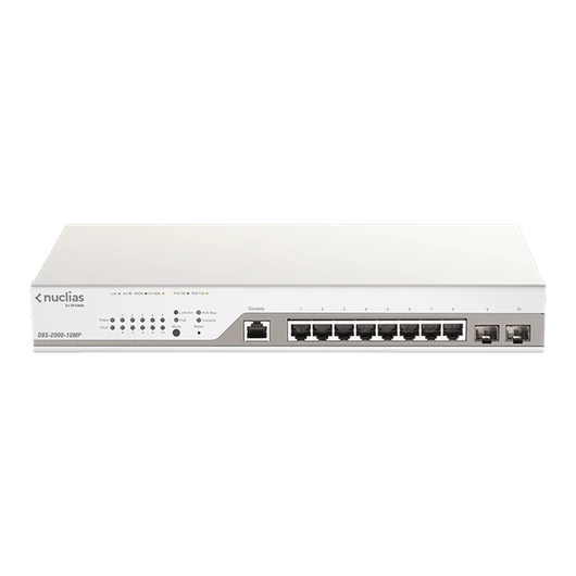 D-LINK Switch 8x1000Mbps(8xPOE)  + 2xGigabit SFP Fémházas, Menedzselhető (130W POE) + 1 év Nuclias, DBS-2000-10MP/E