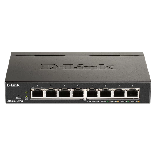 D-LINK Switch 8x1000Mbps (8xPOE) Fémházas Asztali Menedzselhető, DGS-1100-08PV2/E