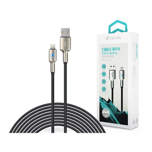 DEVIA USB - LIGHTNING ADAT- ÉS TÖLTŐKÁBEL 1,5 M-ES VEZETÉKKEL, 5V/2,1A, EZÜST/FEKETE