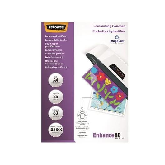FELLOWES Meleglamináló fólia, 80 mikron, A4, fényes, 25 db,