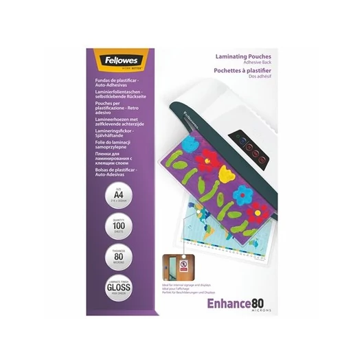 FELLOWES Meleglamináló fólia, 80 mikron, A4, fényes, öntapadó, 100 db,