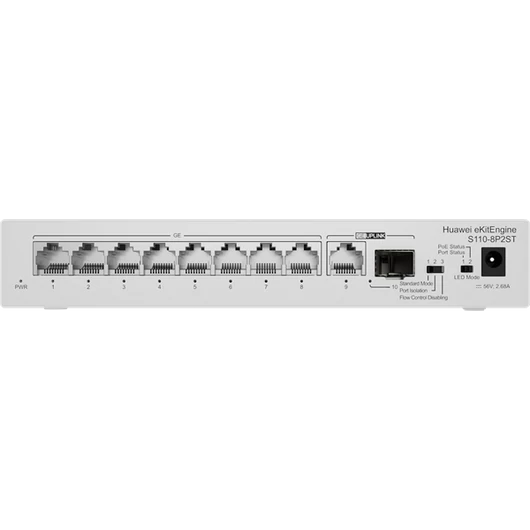 Huawei eKit Switch 8x1000Mbps (POE+) + 1x1000Mbps Uplink + 1x1000Mbps (SFP), Nem menedzselhető, Asztali, S110-8P2ST
