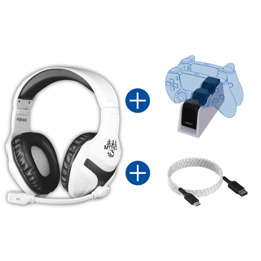 KONIX - MYTHICS PS5 Gamer csomag (Fejhallgató + Dupla töltő állomás + Töltő kábel), Fehér