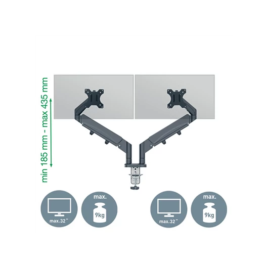 LEITZ, Ergo Dual helytakarékos monitorkar, két monitorhoz, sötétszürke
