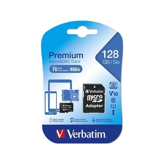 VERBATIM Memóriakártya, Micro SDXC, 128GB, Class 10, adapterrel