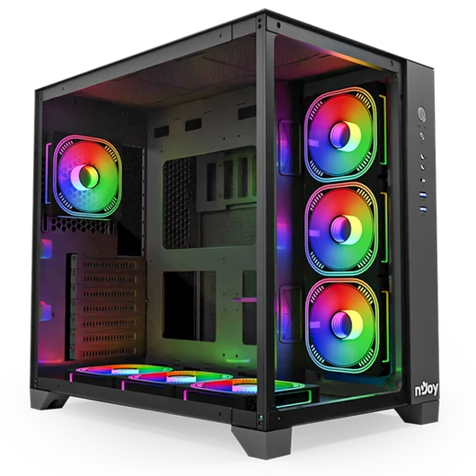 NJOY Ház Midi ATX AURA Tápegység nélkül, USB2.0+3.0, Fekete RGB
