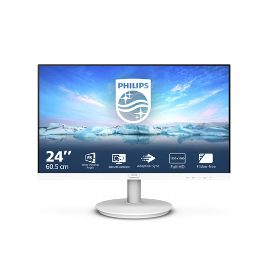 PHILIPS IPS monitor 23.8" 241V8AW, 1920x1080, 16:9, 250cd/m2, 4ms, VGA/HDMI, hangszóró, fehér