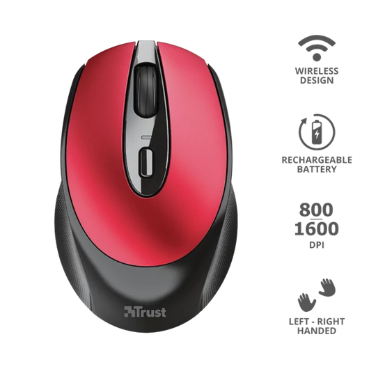 TRUST Vezeték nélküli tölthető egér 24019 (Zaya Rechargeable Wireless Mouse - red)