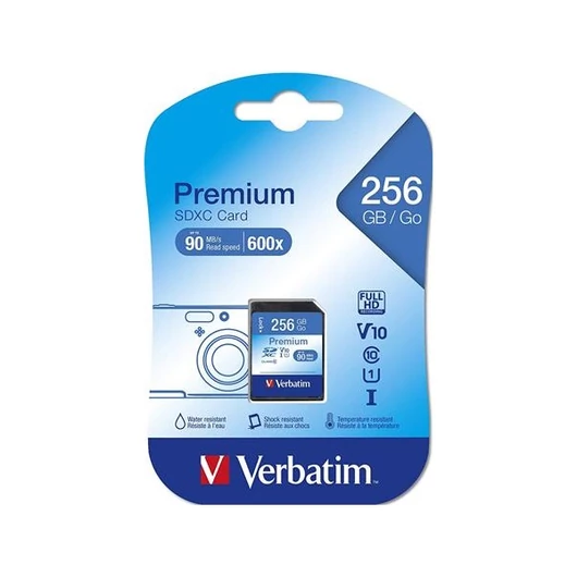 VERBATIM Memóriakártya, microSDXC, 256GB CL10/U1, 90/10 MB/s, adapter, "Premium"