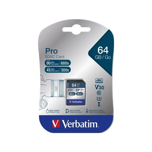 VERBATIM "PRO" Memóriakártya, SDXC, 64GB, Class 10 UHS-I, 90/45MB/sec