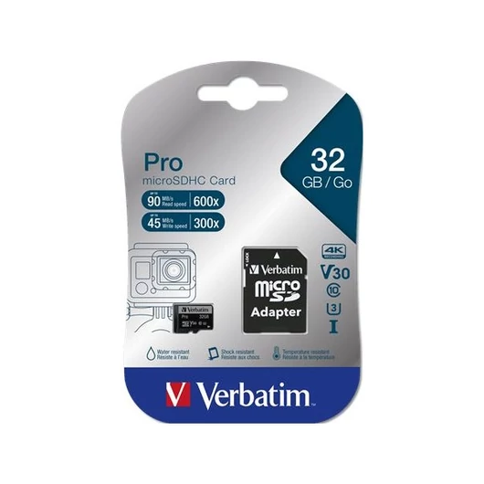VERBATIM "PRO" Memóriakártya, microSDHC, 32GB, Class 10 UHS I, adapterrel